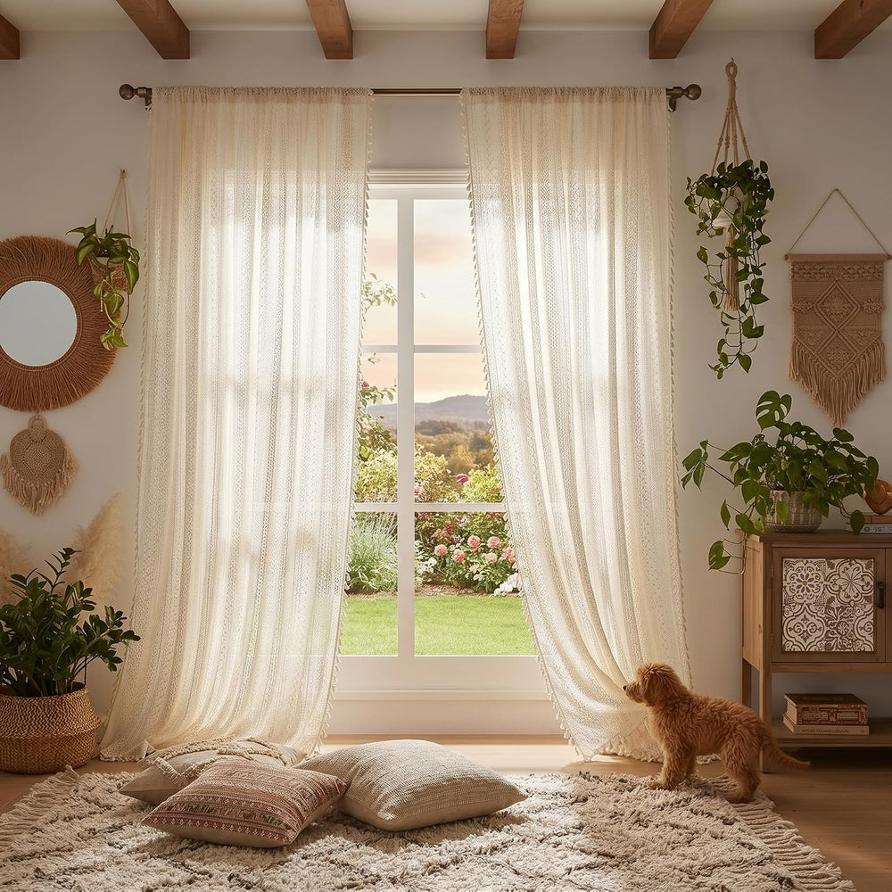 Boho Crochet Curtains for Living Room Lace Curtains 84 Inches Long 2 Panel, R...