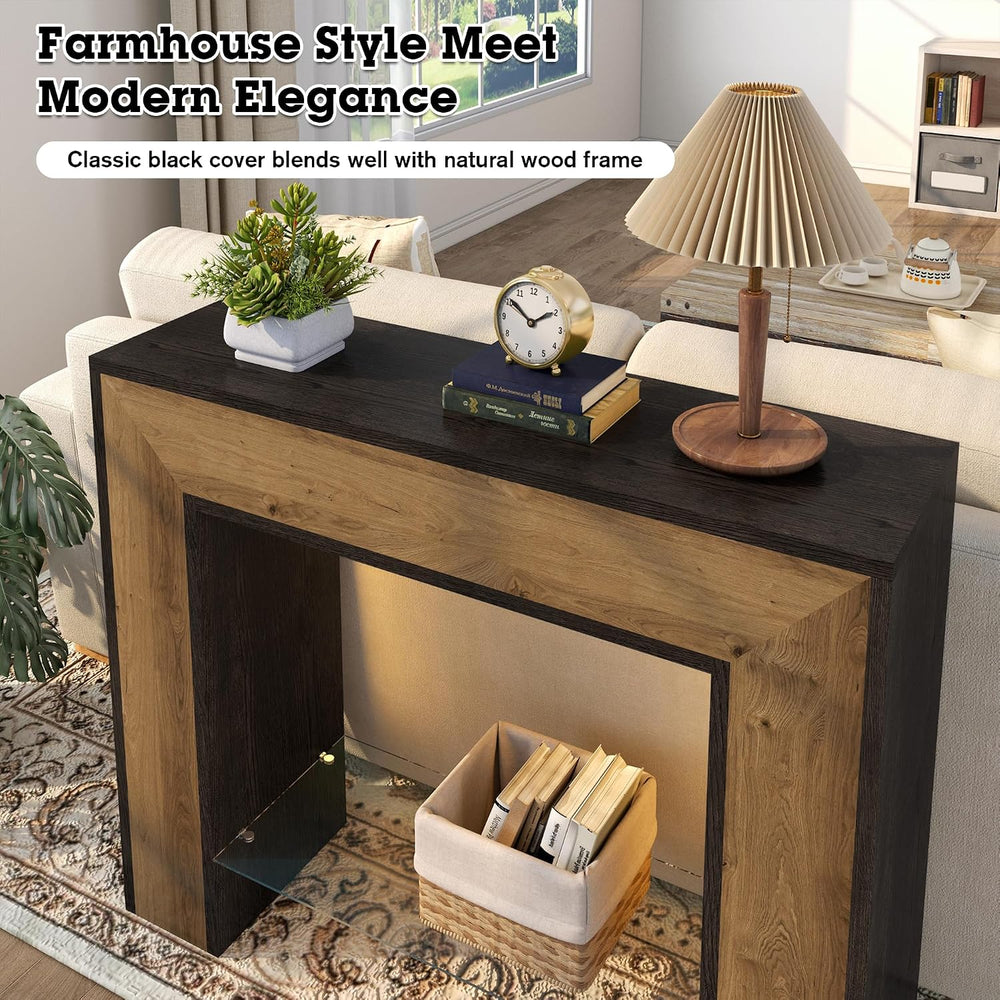 Rustic Console Table with Light, 41” Entryway Table with Glass Open Shelf | F...