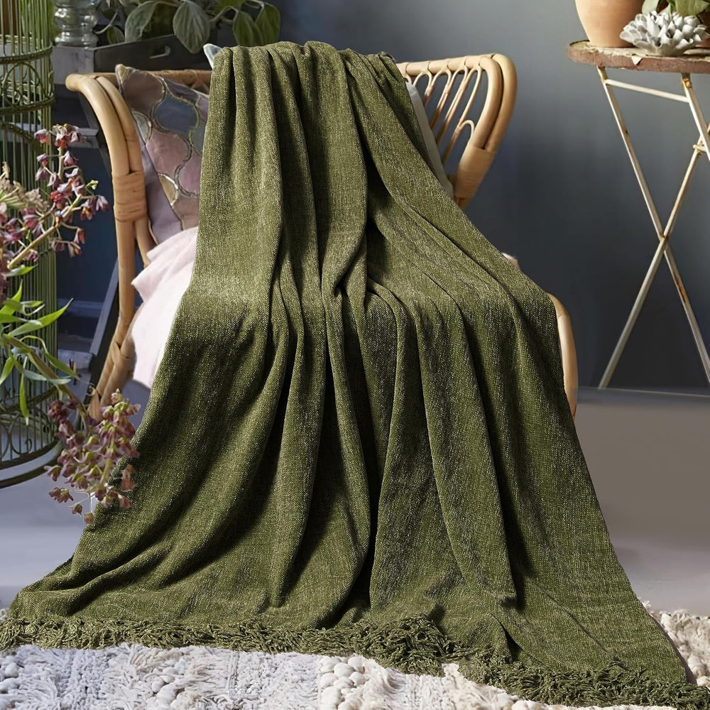 Chenille Throw Blanket for Couch 50" x 60", Olive Green