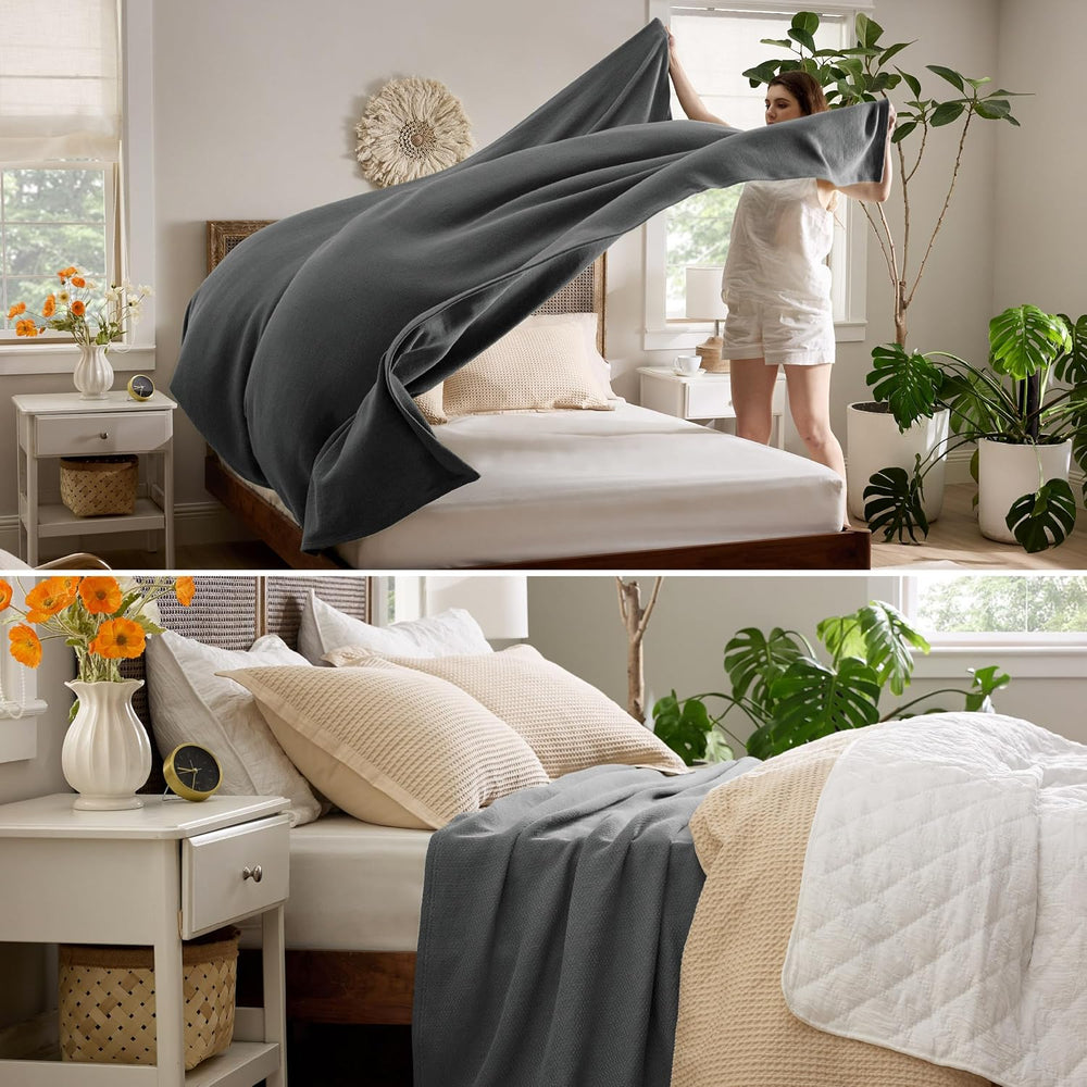 Bedsure 100% Cotton Blanket, Herringbone Weave, Queen Size, Dark Grey