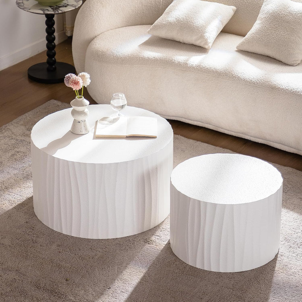 Nesting Coffee Table Set of 2, Modern Round Wooden Drum Side End Coffee Table...