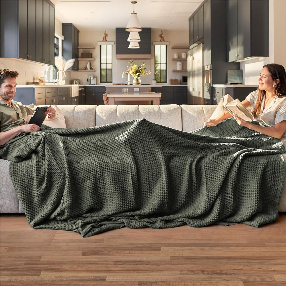 Bedsure 100% Cotton Blanket, Waffle Weave, Queen Size, Olive Green, 90"x...