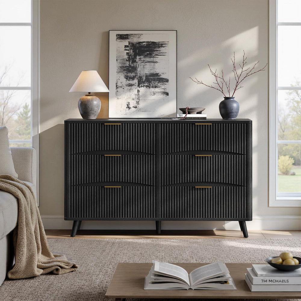 Evermagin 54 Inch Black 6 Drawer Dresser, Curved Fluted Chest of Drawers