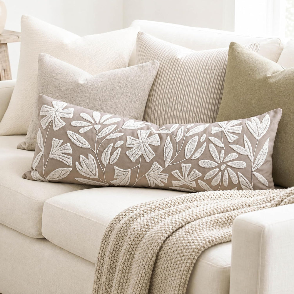 BlissBlush Long Lumbar Pillow Cover 14x36 for Bed, Light Taupe Floral Tufted ...