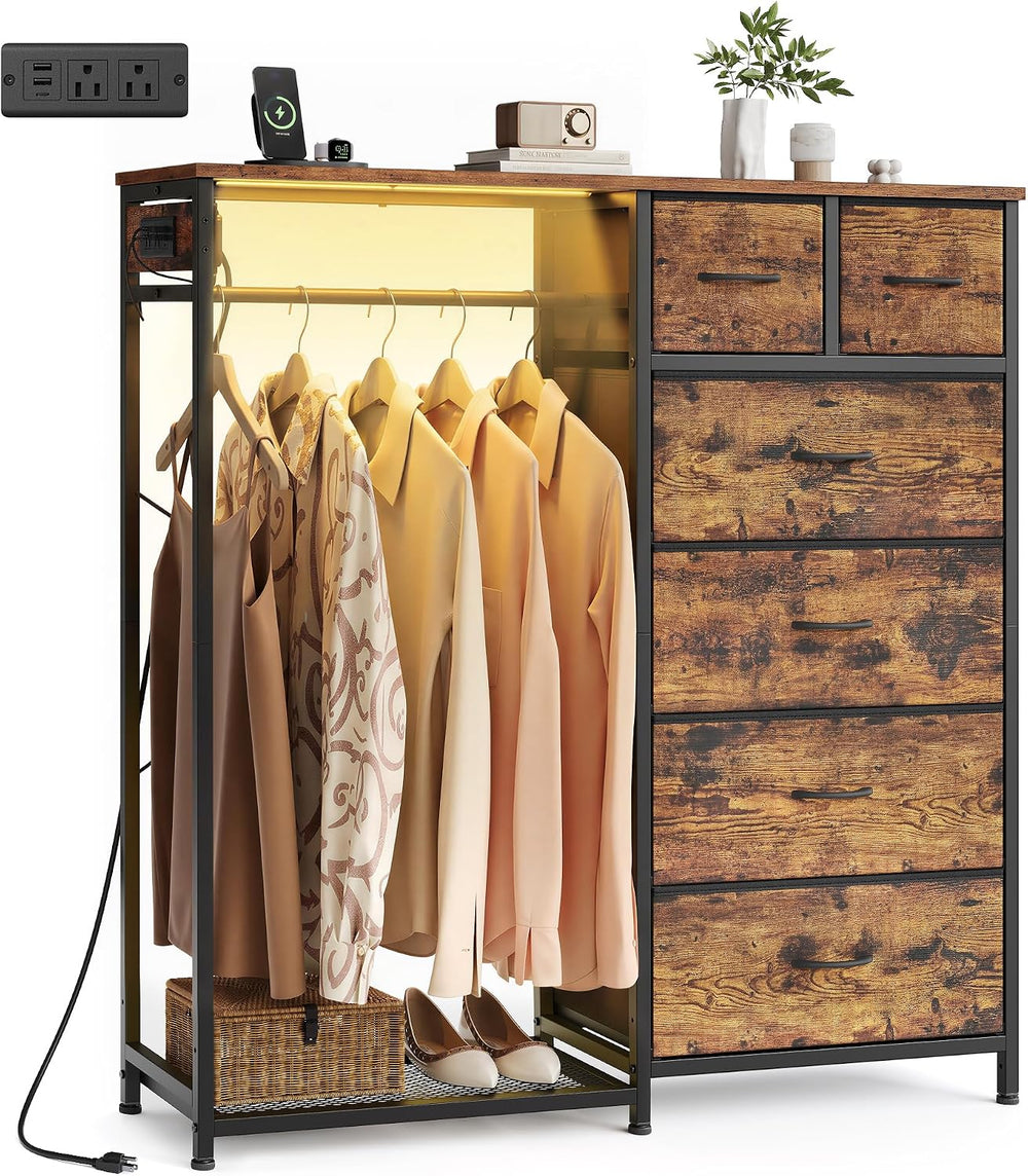 SONGMICS Dresser with Hanging Rod, Closet Organizer with 6 Fabric Drawers