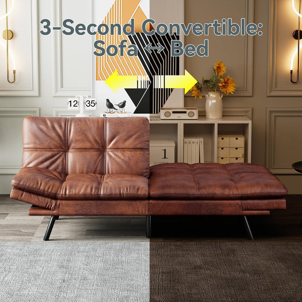 Futon Sofa Bed Convertible Couch, Brown Faux Leather Sofa Bed