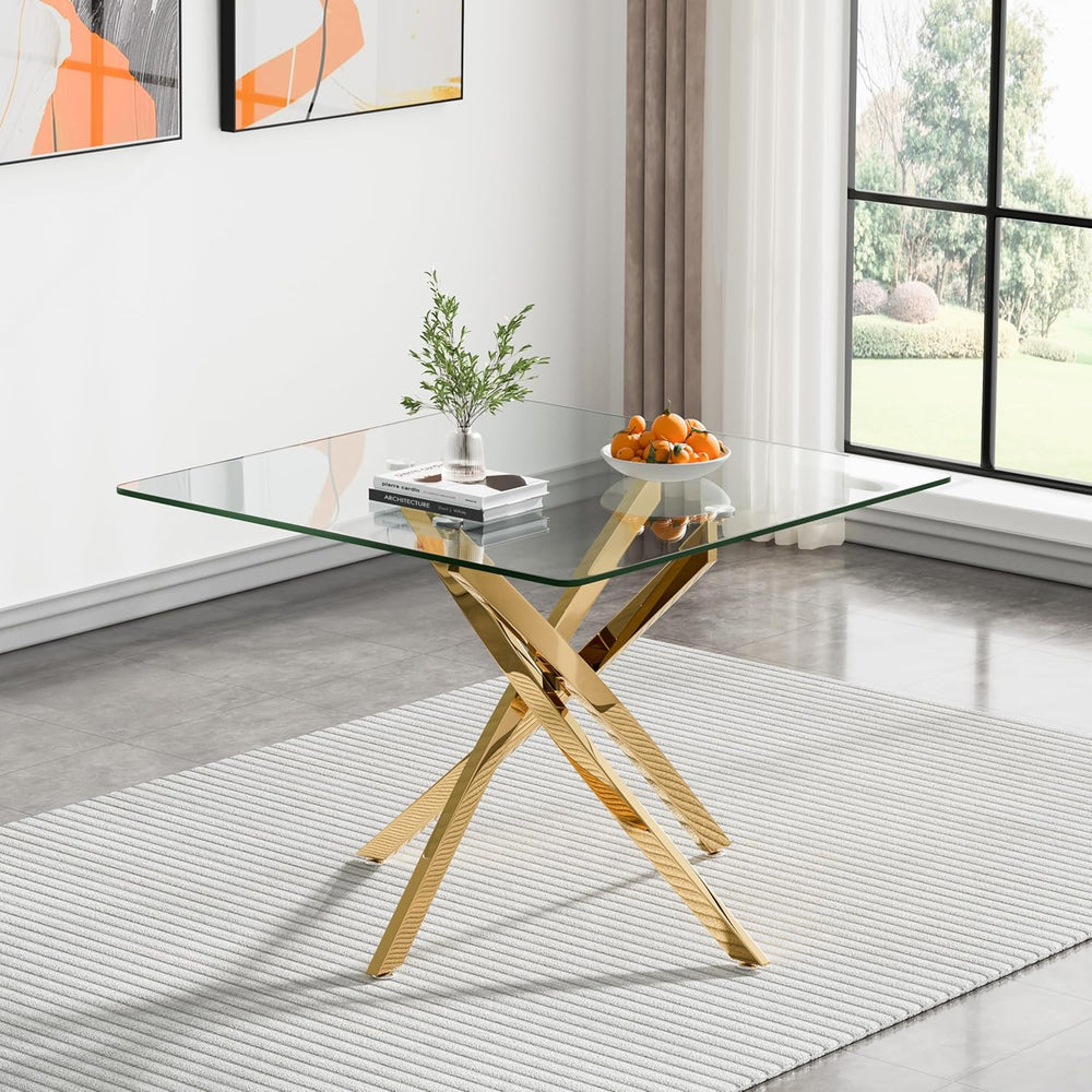 Square Dining Table for 4, 36 Inch Glass Kitchen Table with Gold X Metal Legs...