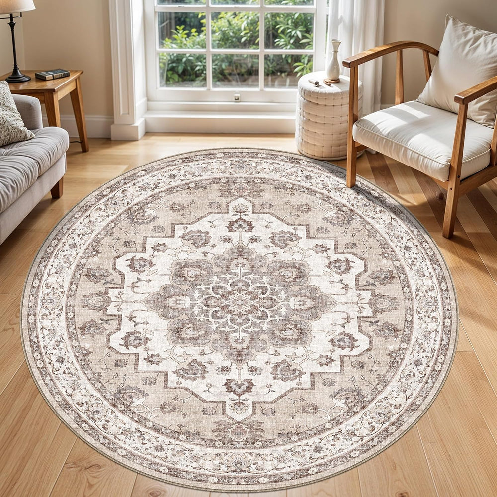 6ft Washable Kitchen Round Rug: Non-Slip Circle Area Rug for Living Room Dini...