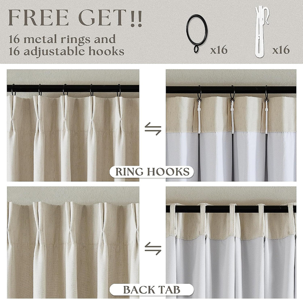 Pleated Cream Beige Linen Blackout Curtains for Bedroom 90 Inch Length