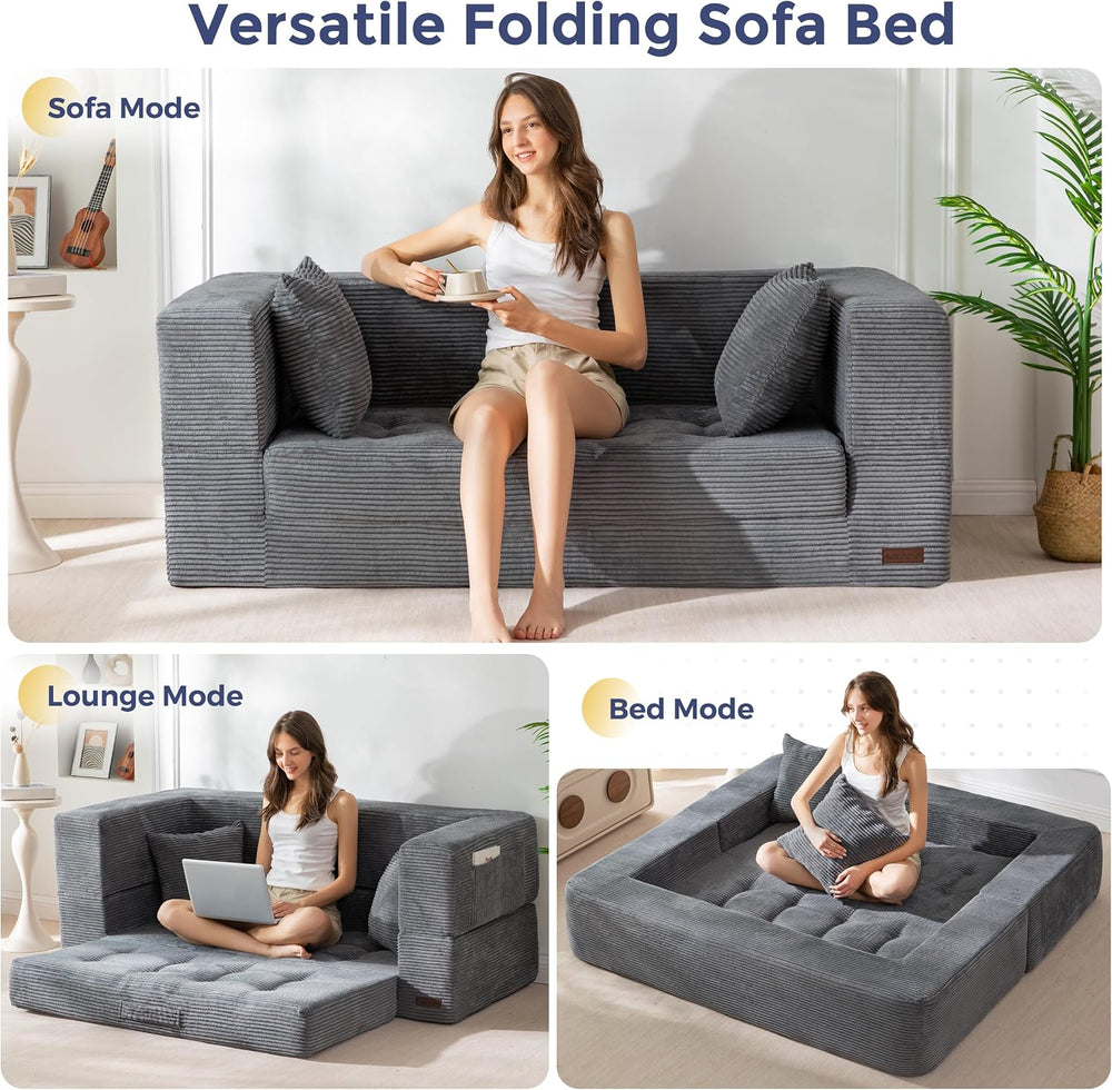 MAXYOYO 63" Folding Sofa Bed, Convertible Boneless Couch with Pillow