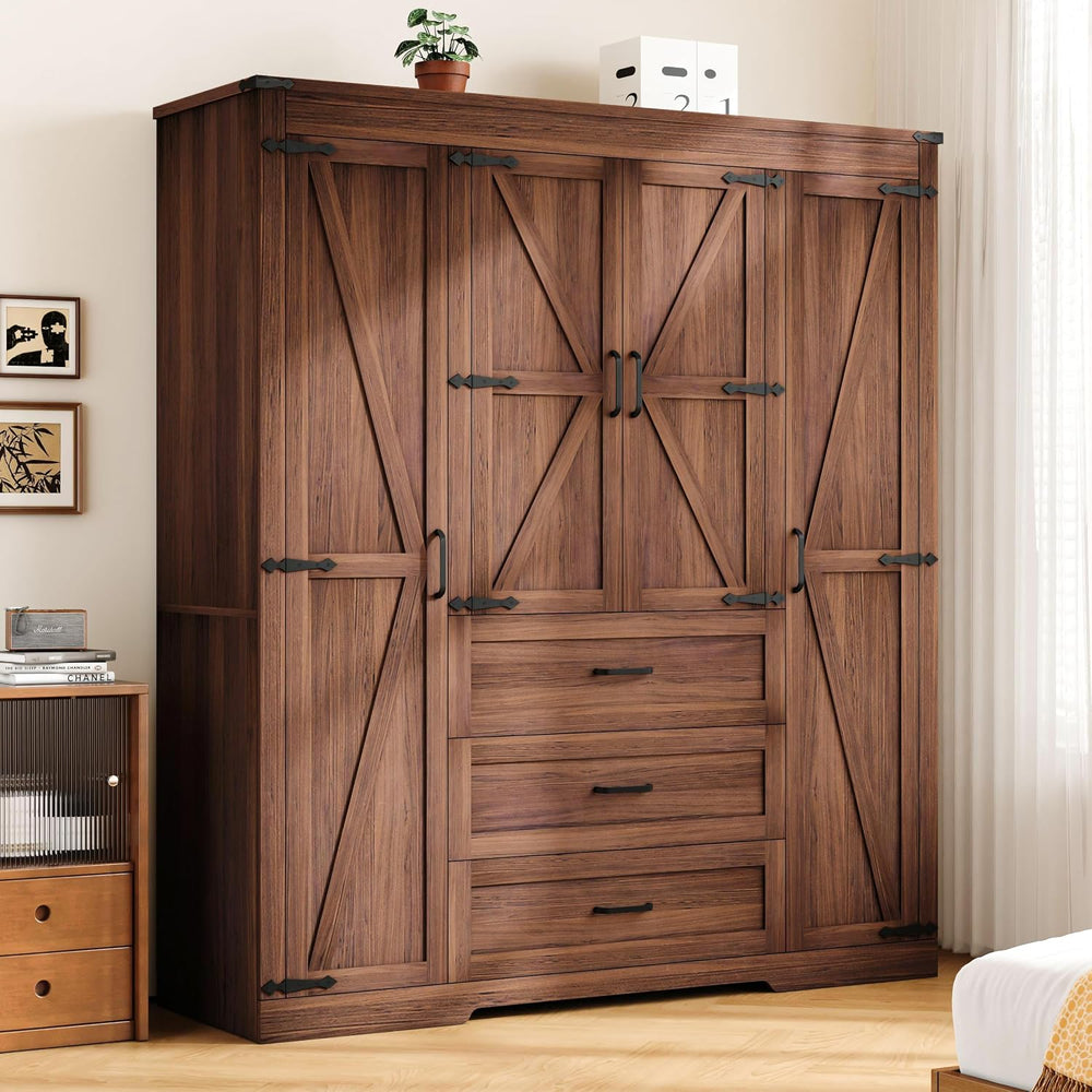 70" Tall Armoire Wardrobe Closet with 4 Doors & 3 Drawers, Farmhouse...