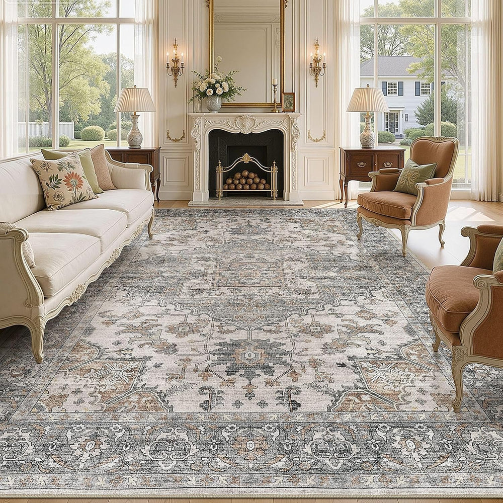 Washable Area Rugs 9x12: Neutral Gray Brown Rugs for Living Room