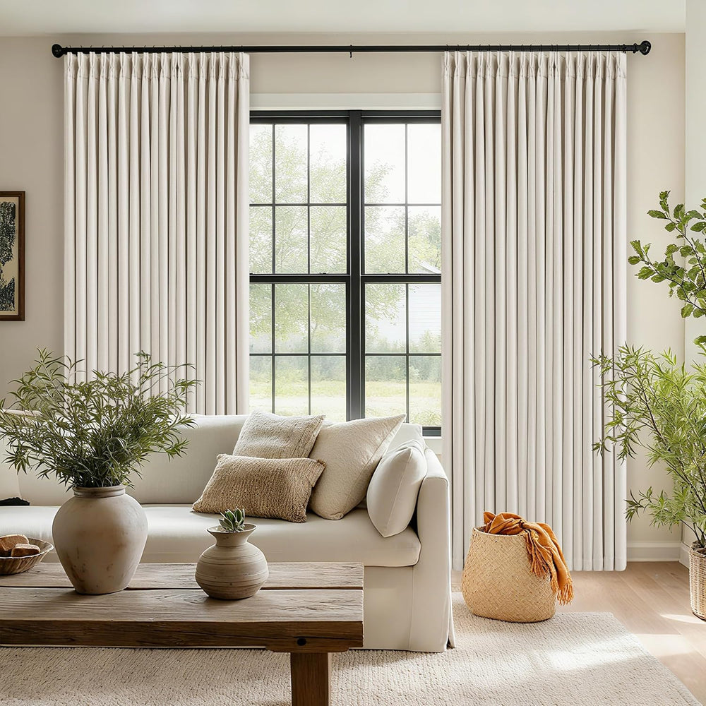 105 Inch Blackout Linen Curtains Pinch Pleat Bedroom Living Room Natural