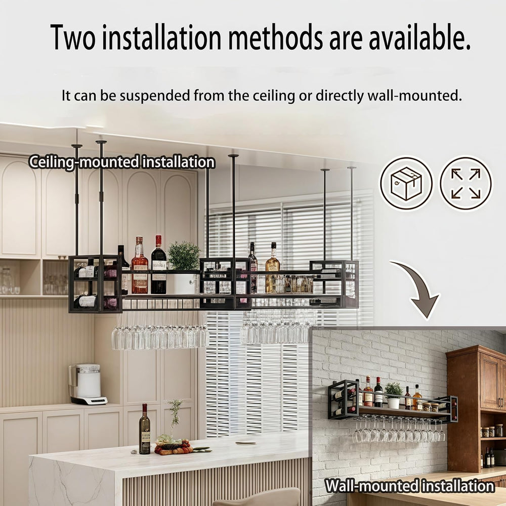 Wall &Ceiling Mounted Wine Rack (Black, 151CM/59.4IN) | Industrial Hangin...