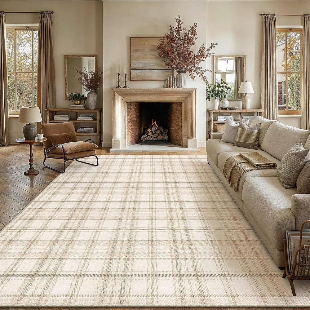 9x12 Beige Plaid Living Room Area Rug