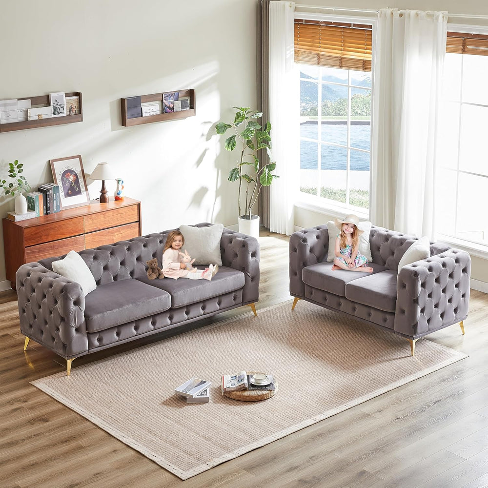 2 Piece Chesterfield Velvet Combination Sofa for Living Room,82.5" 3-Sea...