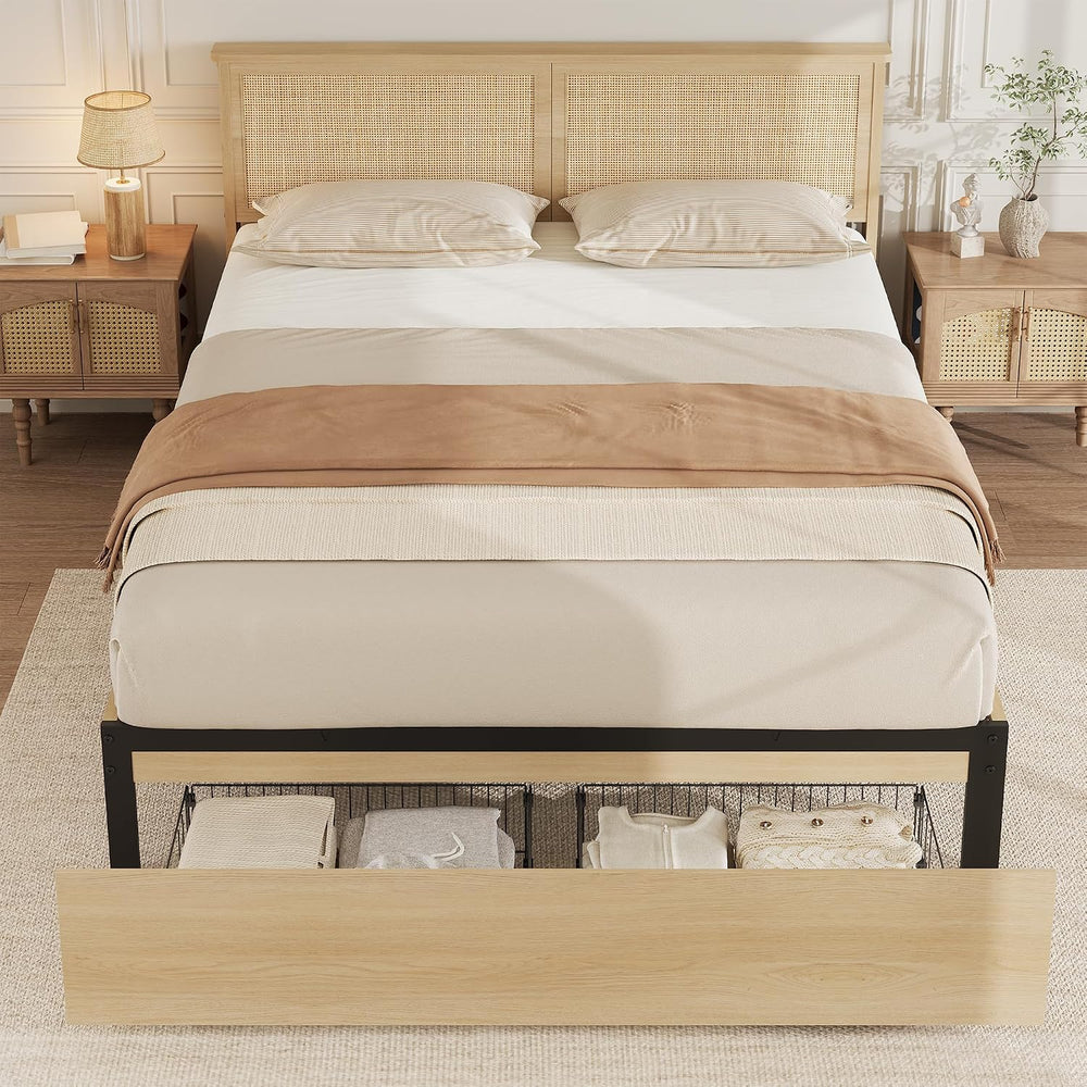 GarveeHome Rattan Full Bed Frame with 2 Storage Drawers and Led Lights