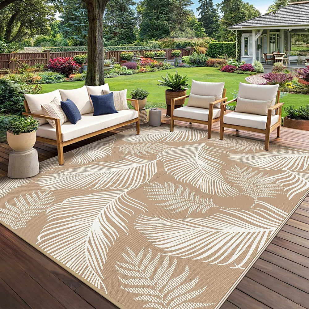 Pauwer Waterproof Outdoor Rug 8x10, Plastic Straw Patio Rug, Leaf Brown