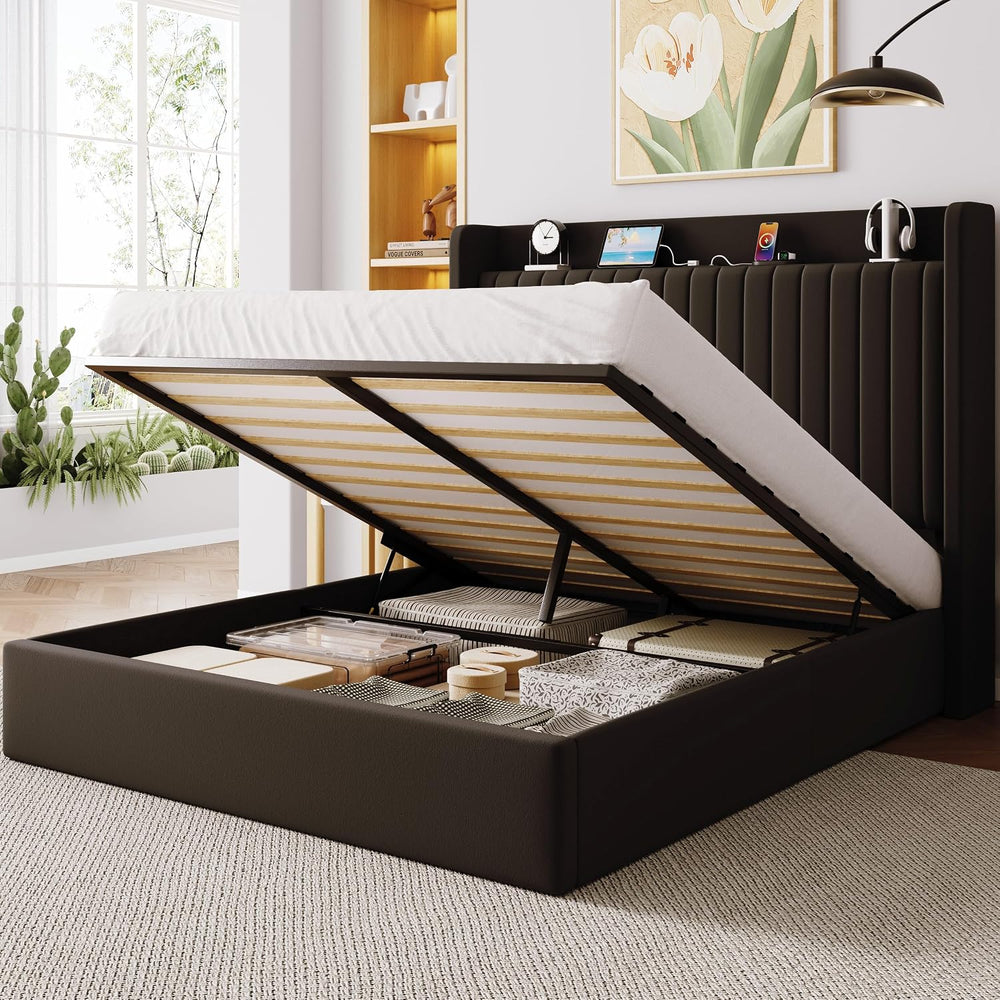 Allewie Full Lift Up Storage Hydraulic Bed Frame,Charging Station,Black