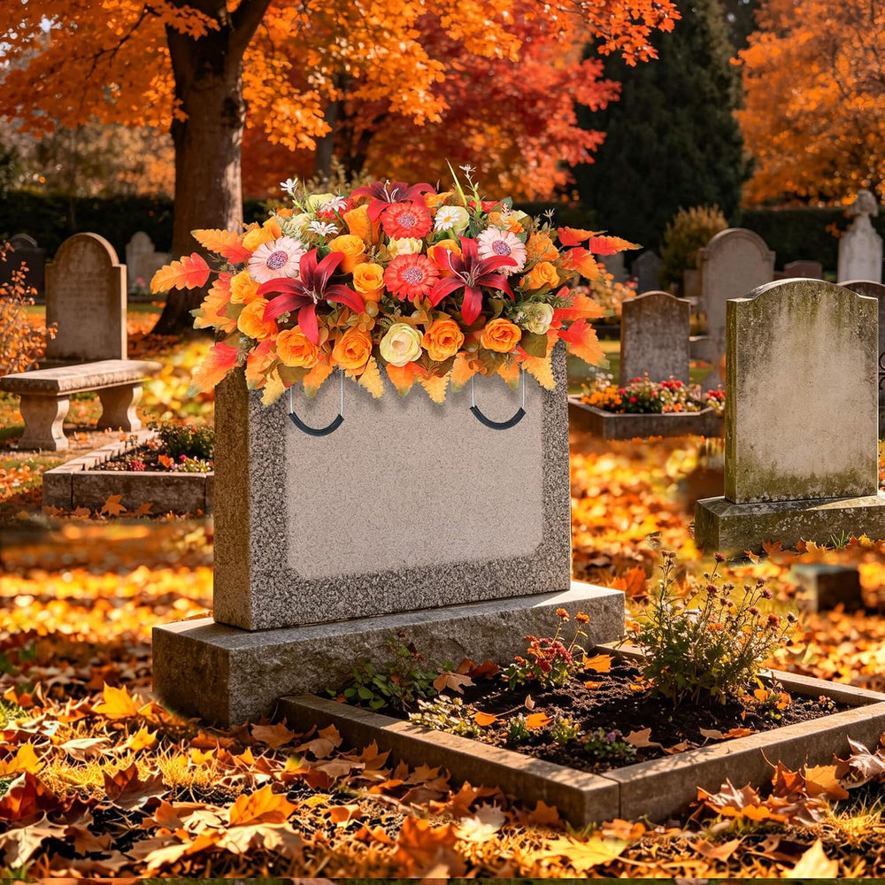 Artificial Cemetery Flowers Saddle Set, Rose and Daisy Grave Decorations with...
