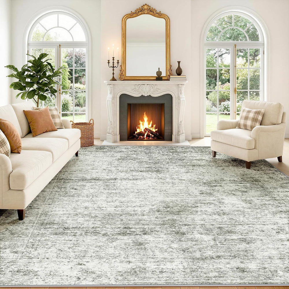 LIVELYGLOW 8x10 Washable Distressed Area Rug, Neutral Living Room Carpet