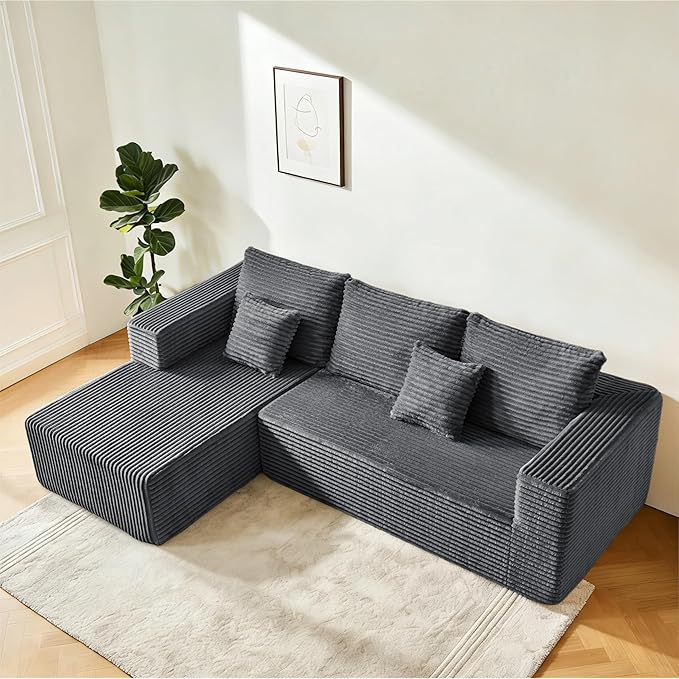 106" Dark Gray Corduroy Boneless Modular Sectional Sofa, Cloud-Louch Dee...