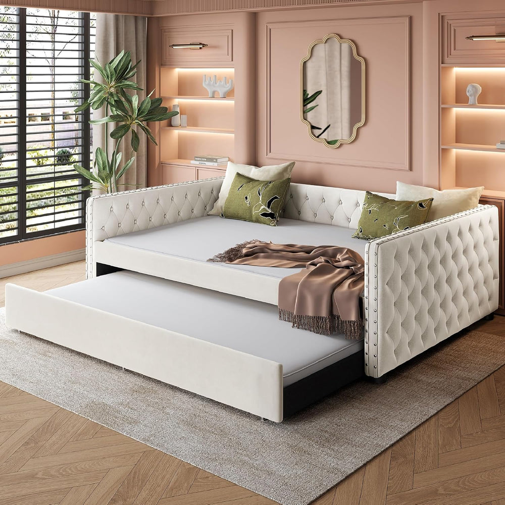 Full Size Upholstered Daybed, Tufted Sofa Bed Frame with Trundle, Corner Day ...
