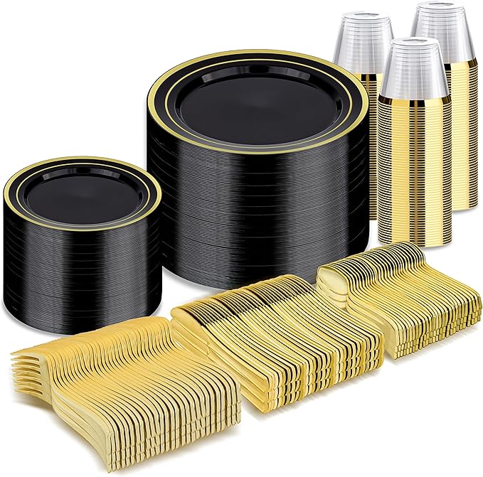 BESTVIP 600PCS Black Gold Dinnerware Set for 100 Guests, Plastic Plates for H...