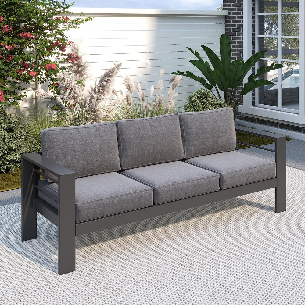 Aluminum Outdoor Couch, 3-Seat Metal Patio Sofa with 10" Back Cushion