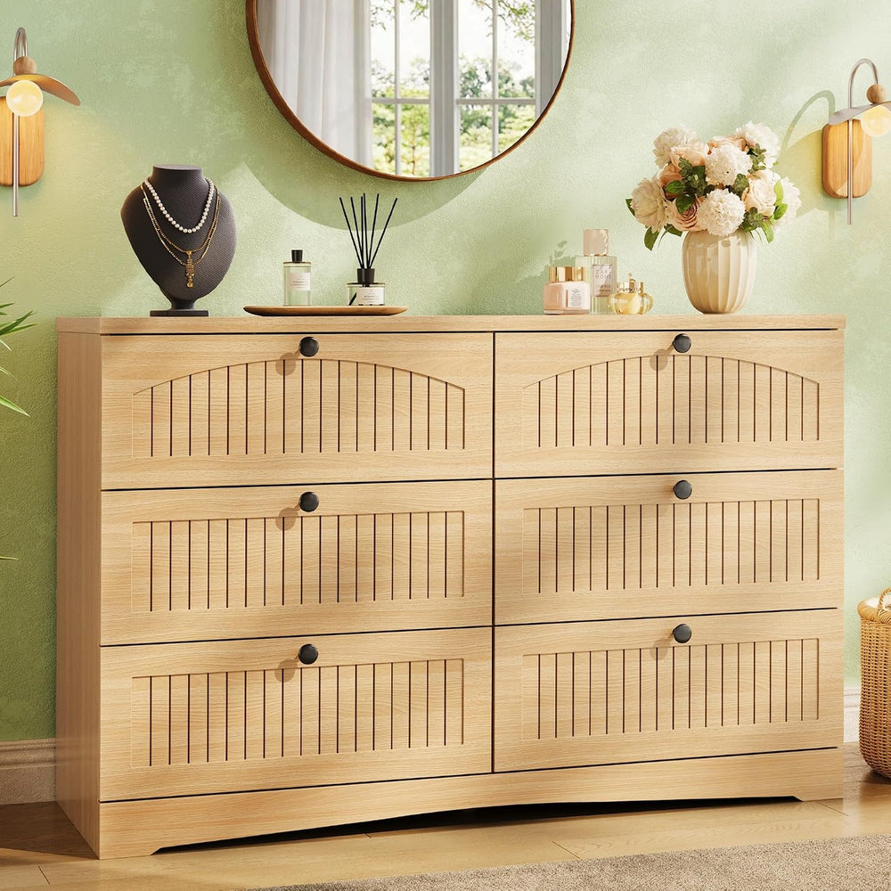 Fluted 6 Drawer Dresser, Wooden Chest of Drawers for Bedroom, Light Oak