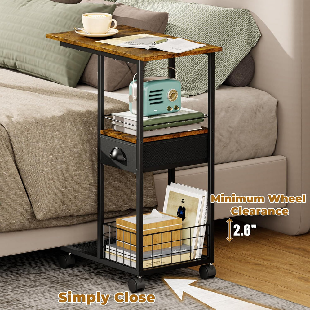 C Shaped Sofa Side Table with Wheels, Rolling Small Coffee Table with Drawer,...