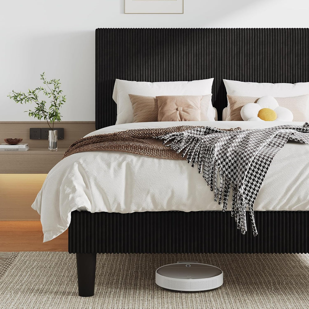 Allewie Full Bed Frame, Corduroy Tufted Headboard, Black