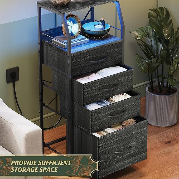 WLIVE Nightstand with Charging Station, Black Night Stand with LED Light, Tal...
