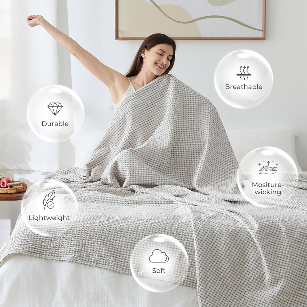 EGOHOME Cotton Two-Tone Check Pattern Waffle Blanket King Size