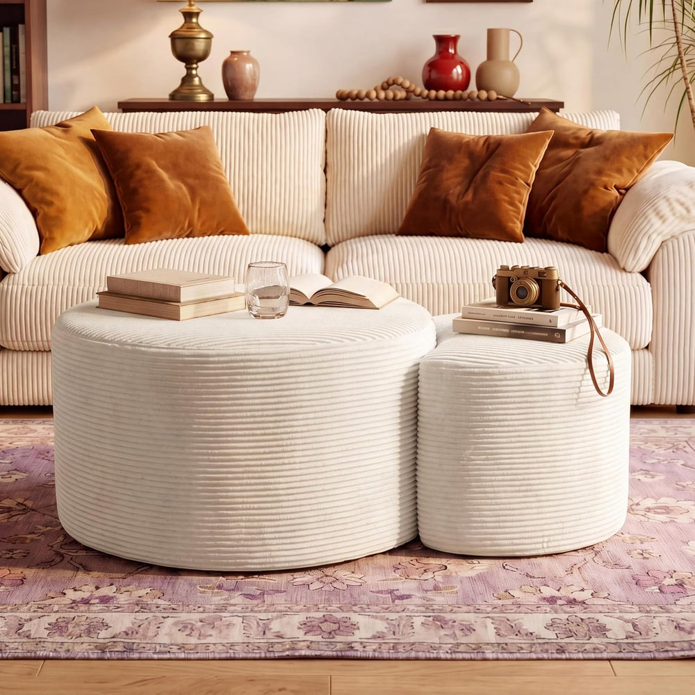 BSHOMGI Round Coffee Table Set of 2, Movable Ottoman for Corduroy Cloud Secti...