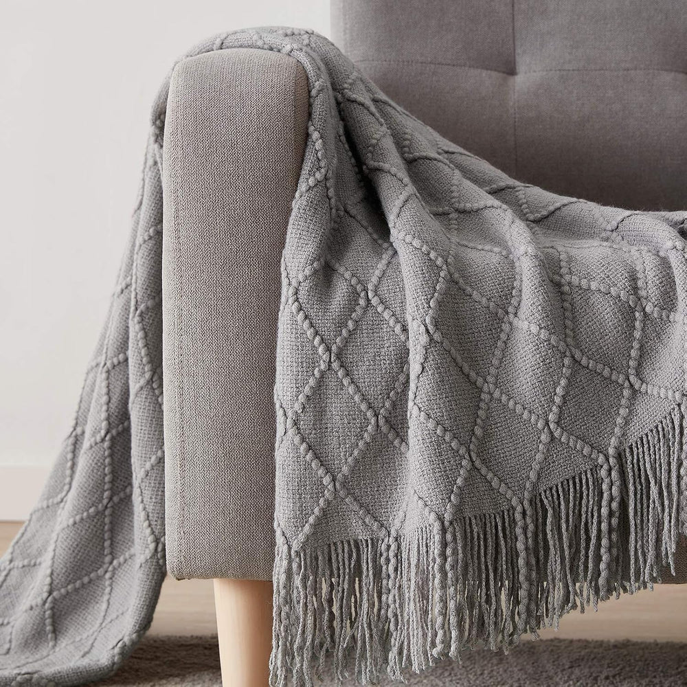 BOURINA Light Grey Throw Blanket 50x90Inch Boho Knit Soft Throw Bed Blanket