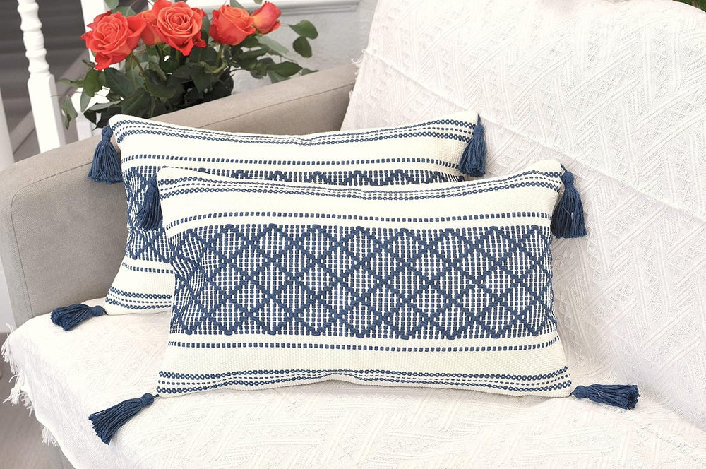 Decorative Boho Lumbar Pillow Covers with Tassels Navy Blue Off White, 12x20 ...
