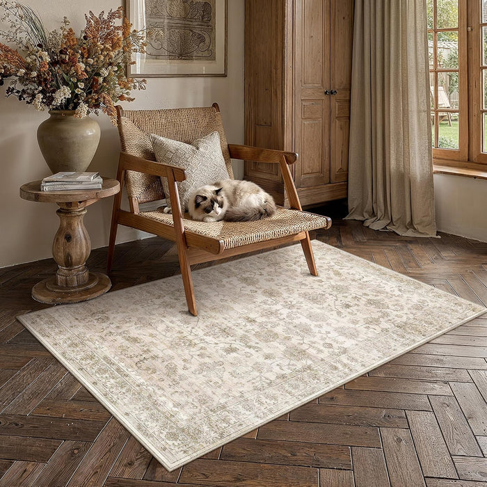 Beige Area Rug 3x5 Washable Distressed Vintage Farmhouse Style