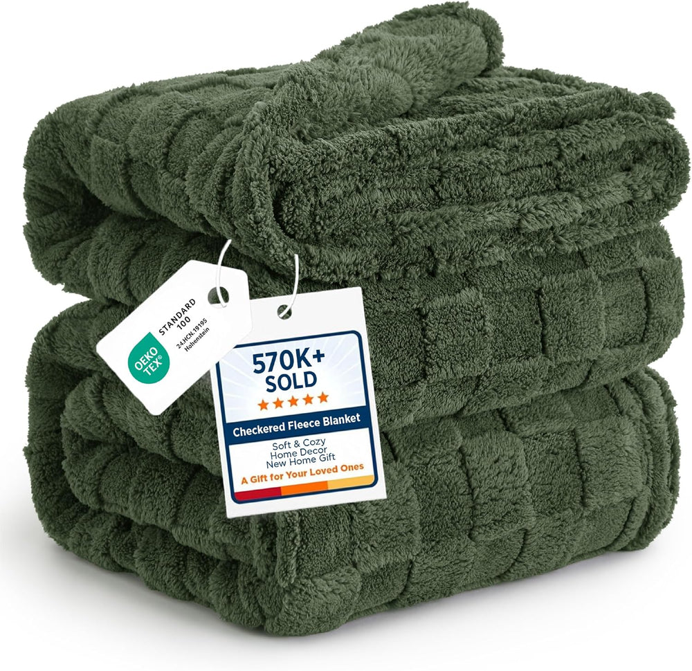 Bedsure Checkered Soft Cozy Queen Blanket for Bed, Olive Green, 90"×90&q...