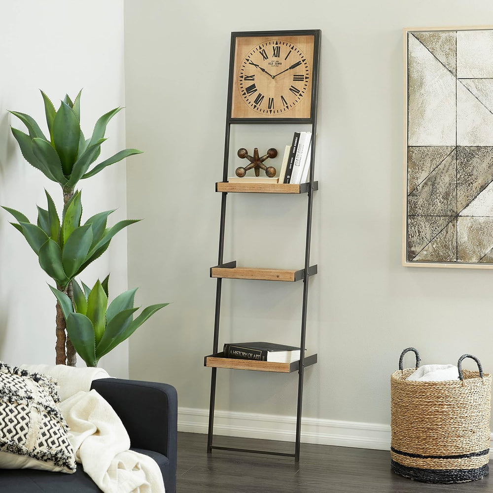 Deco 79 Wood 3 Shelves Wall Shelf with Clock, 16" x 10" x 72",...