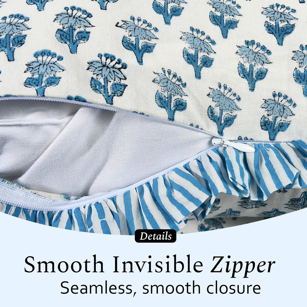 CPC Apatite Blue Block Print Ruffle Pillow Cover 18x18 Inch, Pack of 2