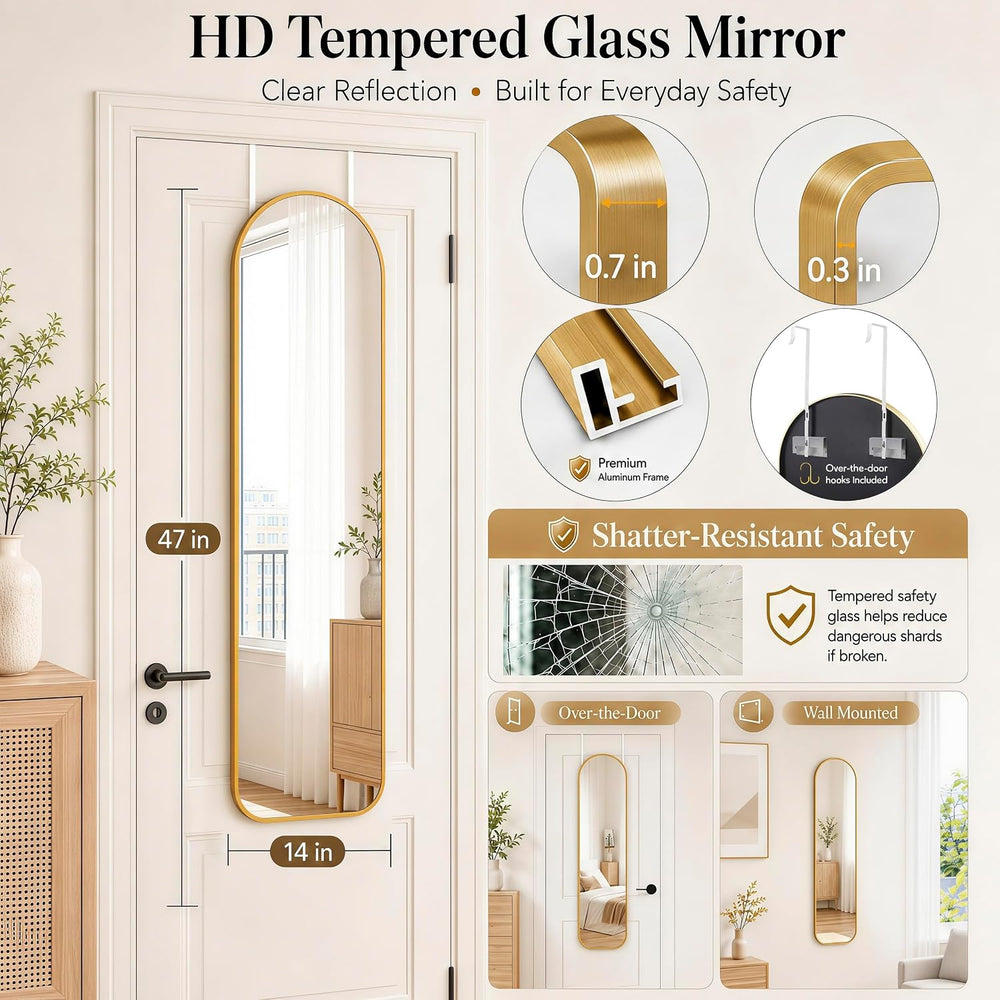 47x14" Full Length Mirror Over the Door Hang or Wall Mounted Gold