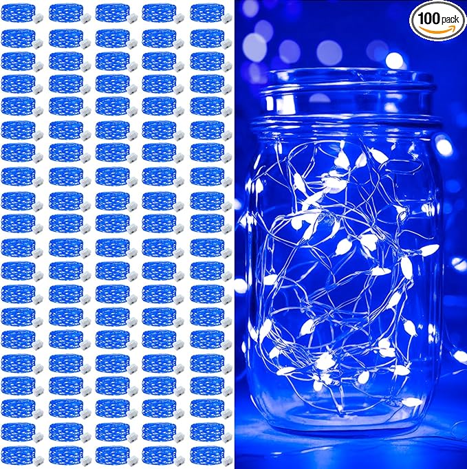 pozzolanas 100 Pack Blue Battery Operated String Lights - 7ft Waterproof Fire...