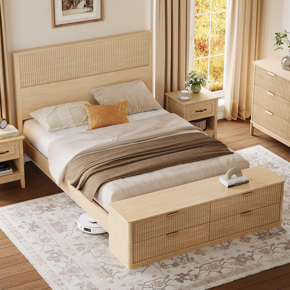 LINSY Fluted Boho Queen Bed Frame with Storage Bench, Natural Oak