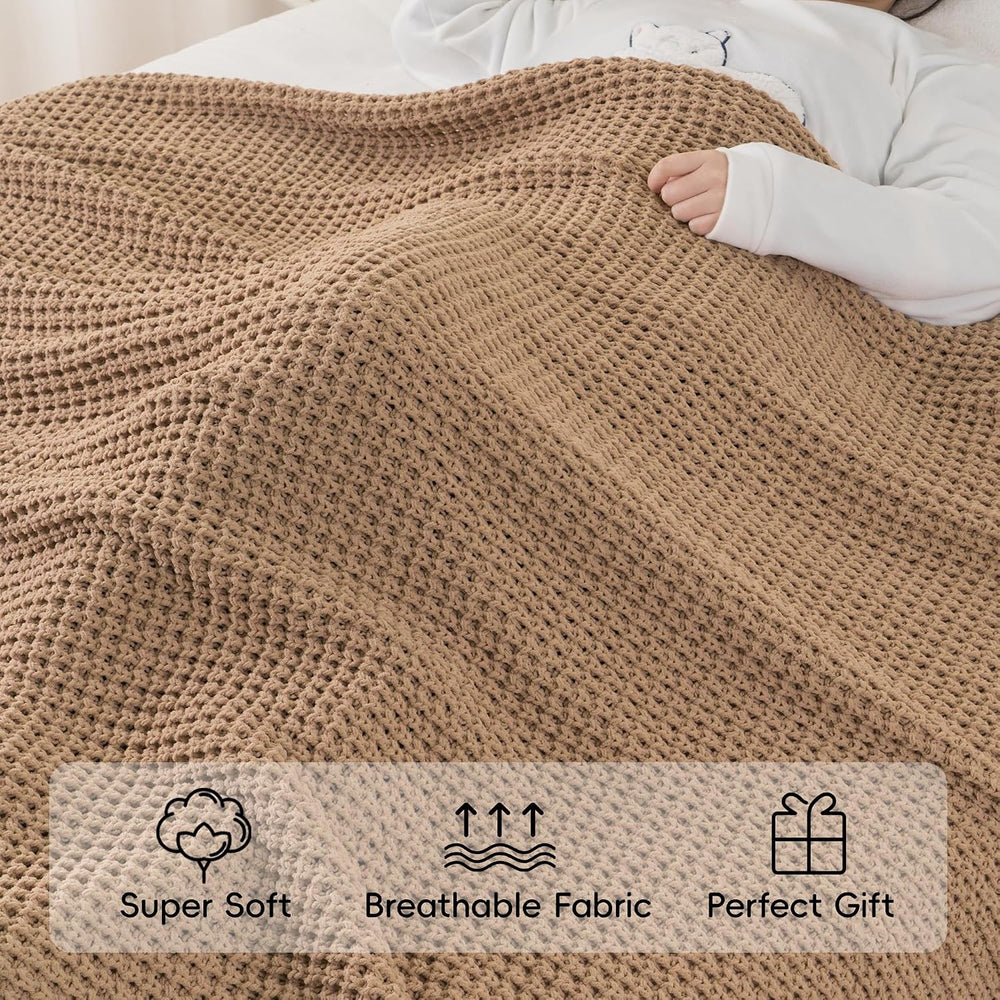 Beige Throw Blanket for Couch, Tan Waffle Knitted Throw Blankets 50"x60&...
