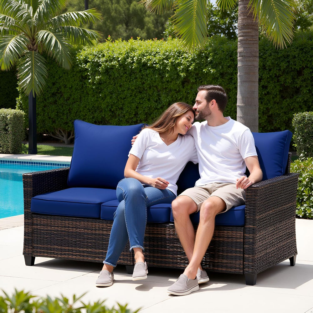 Outdoor Sofa, 3-Seat PE Rattan Couch, Blue