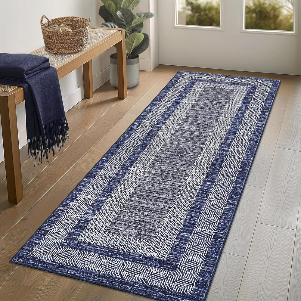 Washable 2.5x10 Kitchen Runner Navy Blue Rug, Easy Clean Geometri Rugs