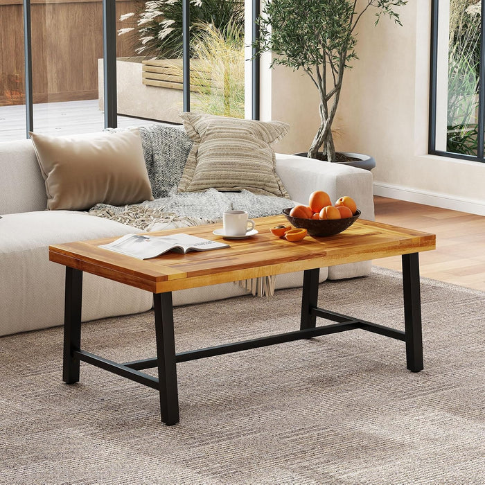 HAPPYGRILL Acacia Wood Patio Coffee Table, Outdoor Rectangular Center Table with Sturdy Metal Frame, Adjustable Leveling Feet, Tea Table for Balcony, Poolside, Porch, Deck