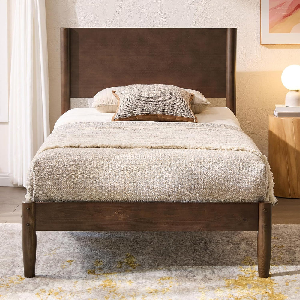 AMERLIFE Solid Wood Twin Bed Frame, Mid Century Bed with Headboard, Walnut