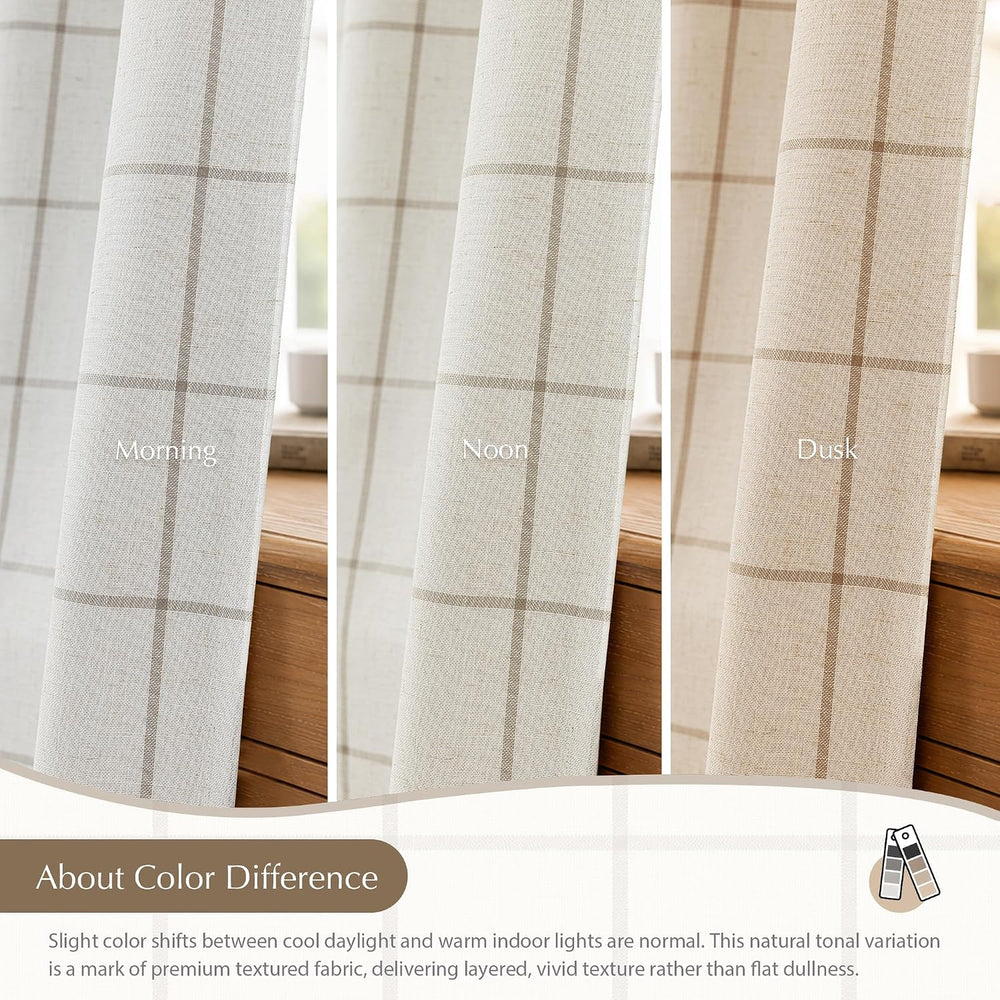 DriftAway 100% Blackout Plaid Linen Curtains 84 Inches Long 2 Panels Taupe